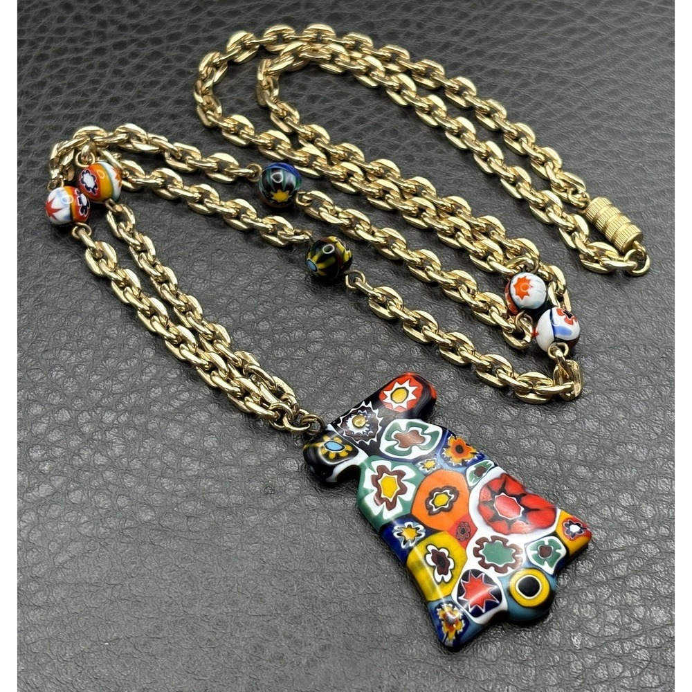 Vintage Millefiori Murano Large Pendant Necklace Gold Tone Chain 28" Long - Picture 2 of 12